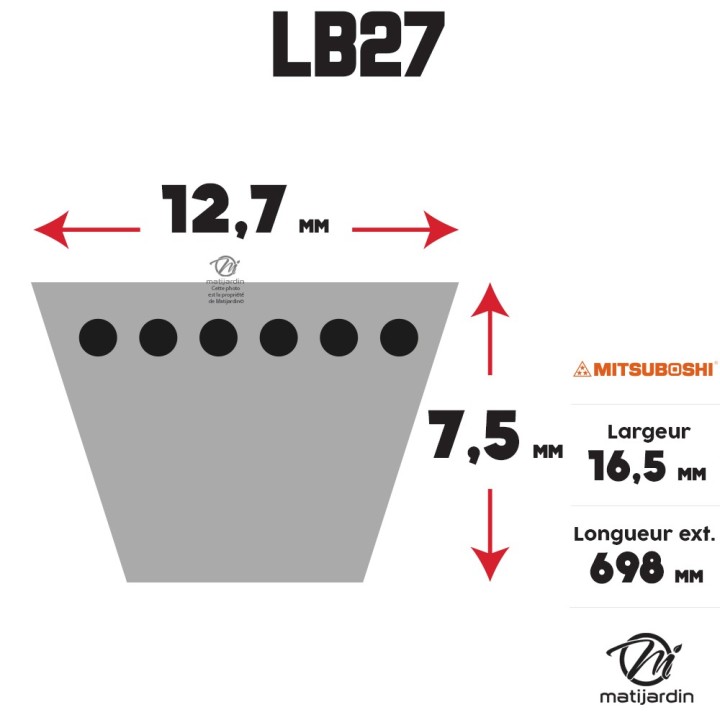 Courroie tondeuse Mitsuboshi LB27 - 16,5 mm x 698 mm