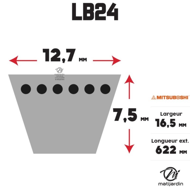 Courroie tondeuse Mitsuboshi LB24 - 16,5 mm x 622 mm