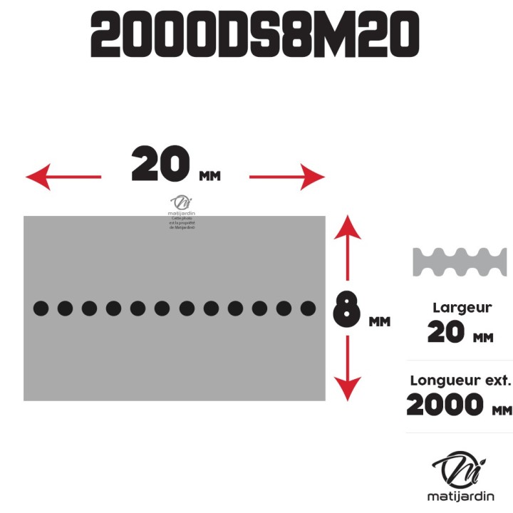Courroie tondeuse Double denture 2000DS8M20 - 20 mm x 2000 mm