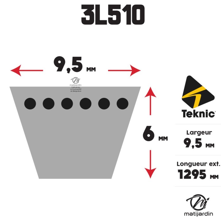 Courroie tondeuse Teknic 3L510 Kevlar Trapézoïdale - 9,5 mm x 1295 mm