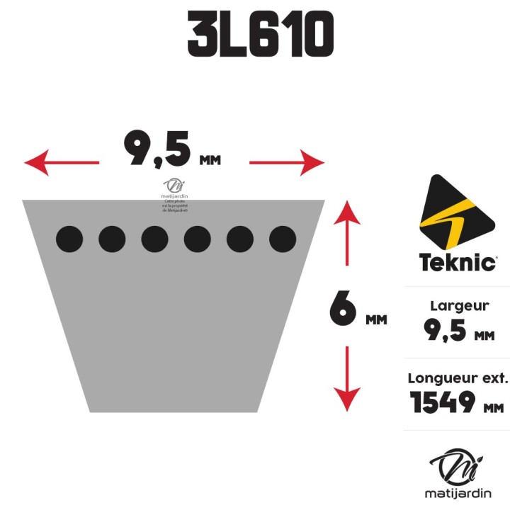 Courroie tondeuse Teknic 3L610 Kevlar Trapézoïdale - 9,5 mm x 1549 mm