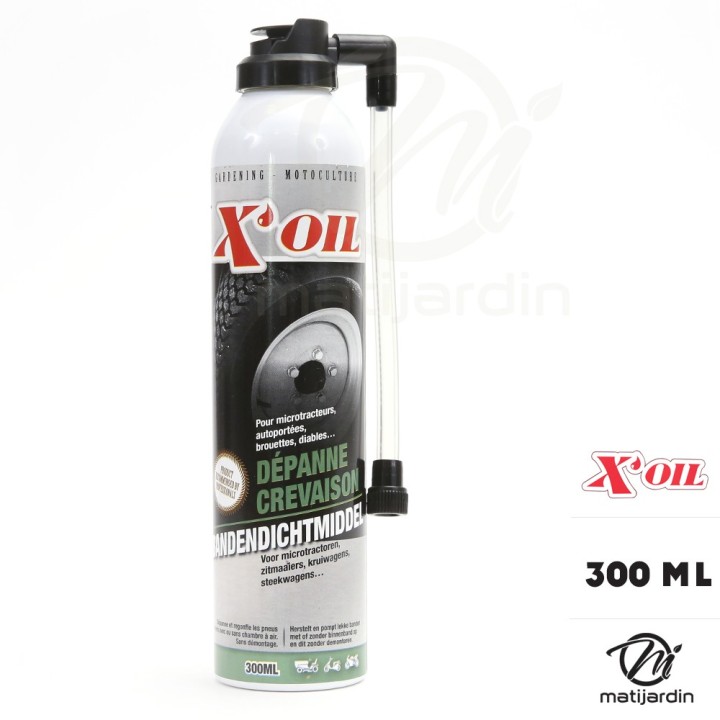 Produit anti crevaison X'Oil pour roue de tondeuse. 300 ml