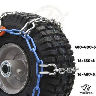 Chaîne à neige x2 pour tondeuse. 16 x 480 x 8, 16 x 550 x 8 et 480 x 400 x 8