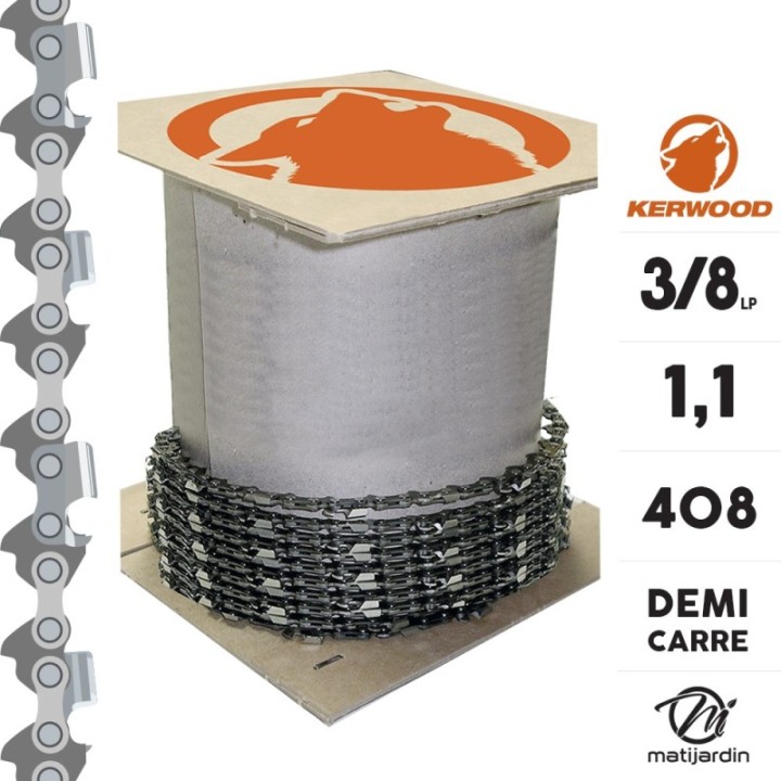 Chaîne Kerwood pour tronçonneuse 3/8" 1,1 mm. Rouleau 25 pieds. Gouge demi carrée