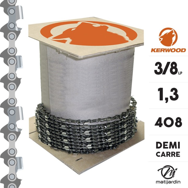Chaîne Kerwood pour tronçonneuse 3/8" LP 1,3 mm. Rouleau 25 pieds. Gouge demi carrée
