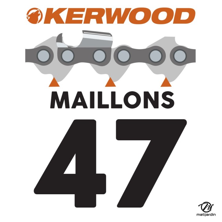 Chaîne Kerwood pour tronçonneuse 3/8" LP 1,3 mm 47 maillons. Gouge demi carrée