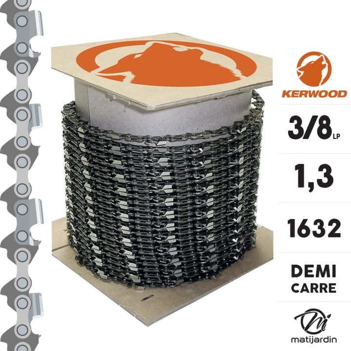 Chaîne Kerwood pour tronçonneuse 3/8" LP 1,3 mm. Rouleau 100 pieds. Gouge demi carrée