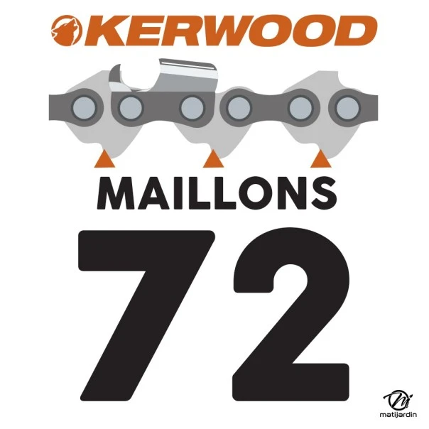 Chaîne Kerwood pour tronçonneuse 3/8" 1,5 mm. 72 maillons. Gouge demi carrée