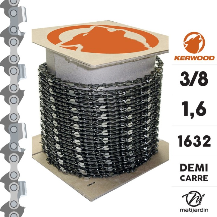 Chaîne Kerwood pour tronçonneuse 3/8" 1,6 mm. Rouleau 100 pieds. Gouge demi carrée