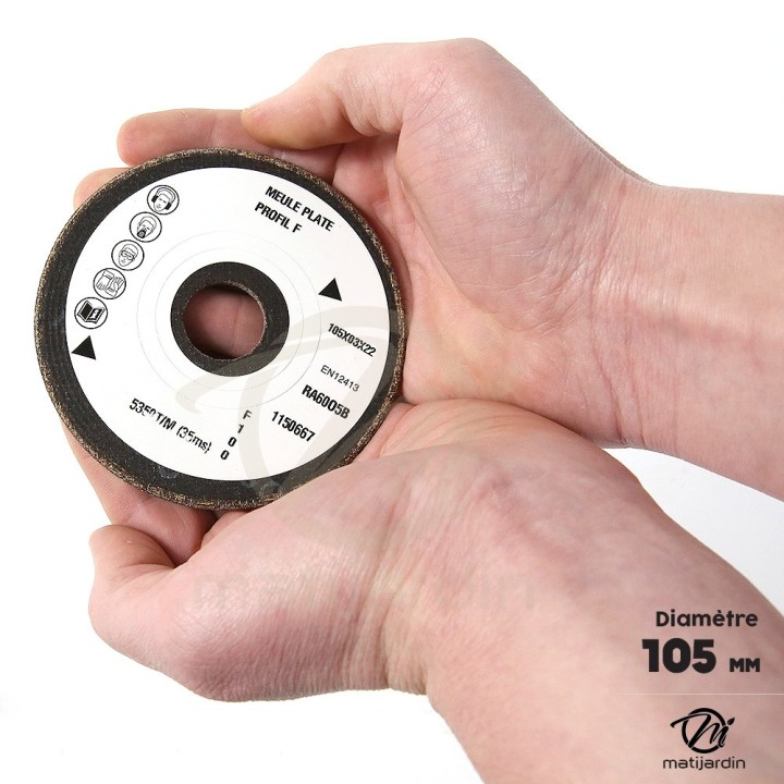 Meule d'affûtage chaîne tronçonneuse pour affûteuse Mini Jolly. Ø 105 mm. Epaisseur 3 mm