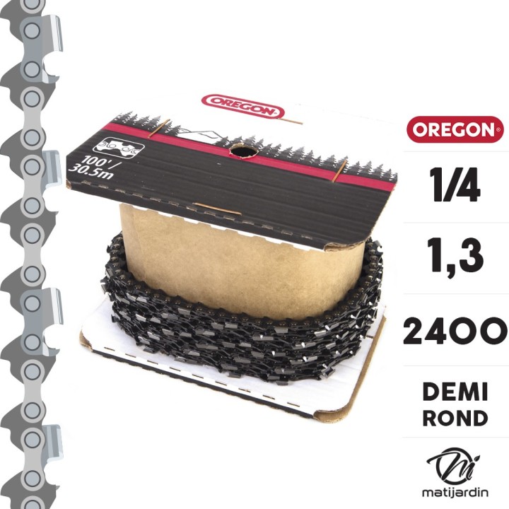 Chaîne Oregon pour tronçonneuse 1/4" 1,3 mm. Rouleau 100 pieds. Gouge profil demi rond