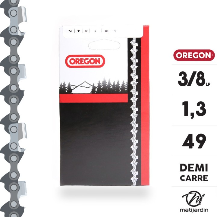 Chaîne Oregon pour tronçonneuse 3/8" 1,3 mm. 49 maillons. Gouge profil demi carré