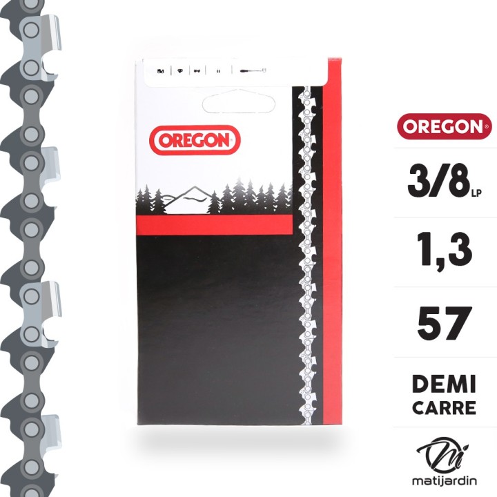 Chaîne Oregon pour tronçonneuse 3/8" 1,3 mm. 57 maillons. Gouge profil demi carré