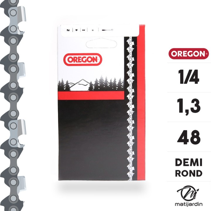 Chaîne Oregon pour tronçonneuse 1/4" 1,3 mm. 48 maillons. Gouge profil demi rond