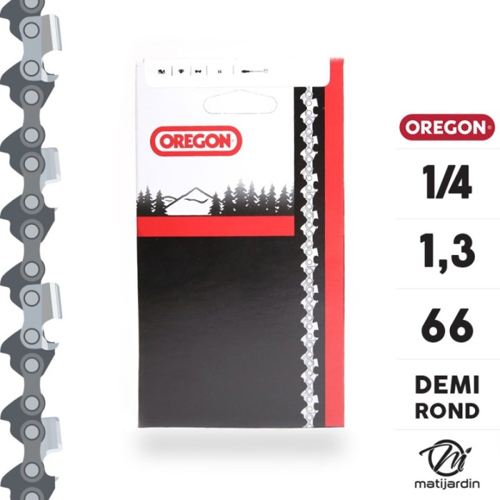 Chaîne Oregon pour tronçonneuse 1/4" 1,3 mm. 66 maillons. Gouge profil demi rond