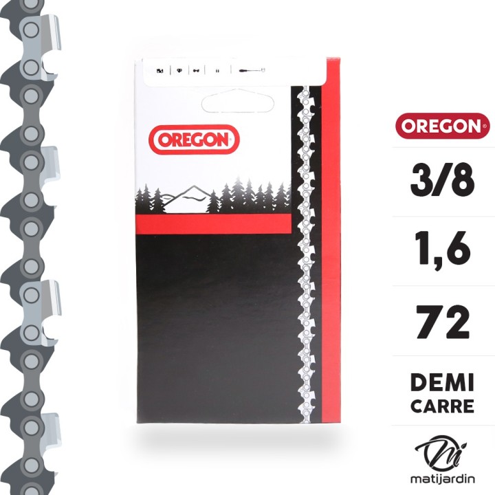 Chaîne Oregon pour tronçonneuse 3/8" 1,6 mm. 72 maillons. Gouge profil demi carré. S-70