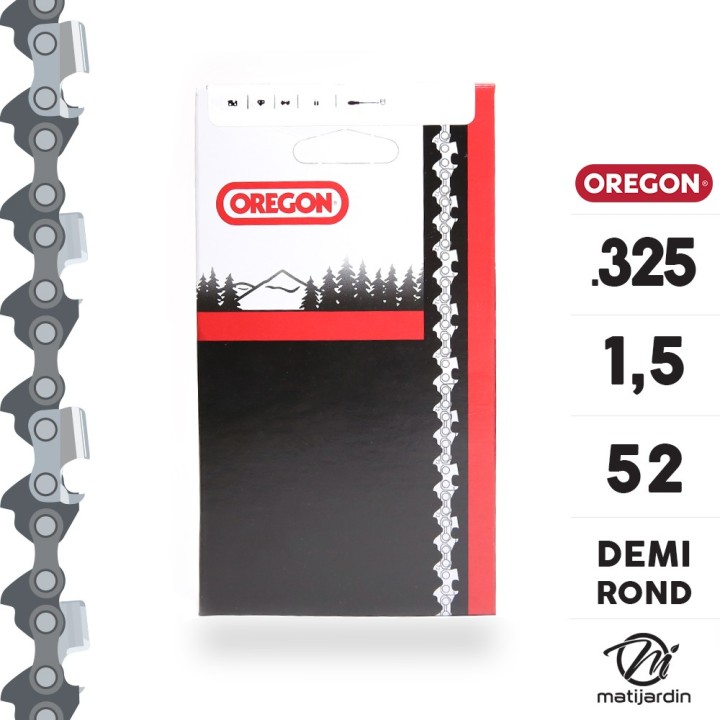 Chaîne Oregon pour tronçonneuse .325" 1,5 mm. 52 maillons. Gouge profil demi rond
