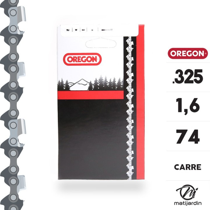 Chaîne Oregon pour tronçonneuse .325" 1,6 mm. 74 maillons. Gouge profil carré. Super 20