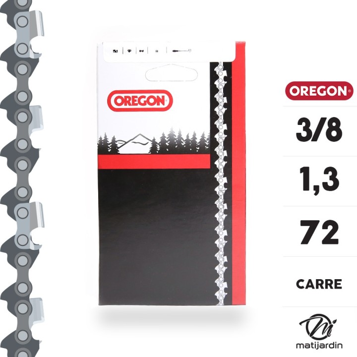Chaîne Oregon pour tronçonneuse 3/8" 1,3 mm. 72 maillons. Gouge profil carré. Super 70