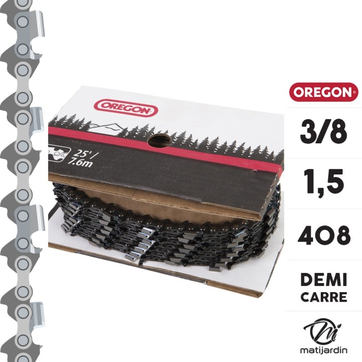 Chaîne Oregon pour tronçonneuse 3/8" 1,5 mm. Rouleau 25 pieds. Gouge profil demi rond