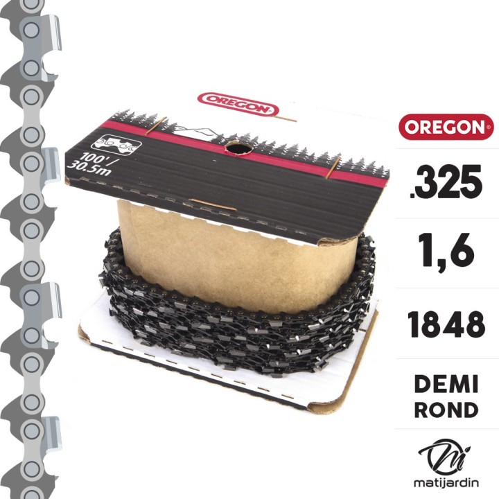 Chaîne Oregon pour tronçonneuse .325" 1,6 mm. Rouleau 100 pieds. Gouge profil demi rond