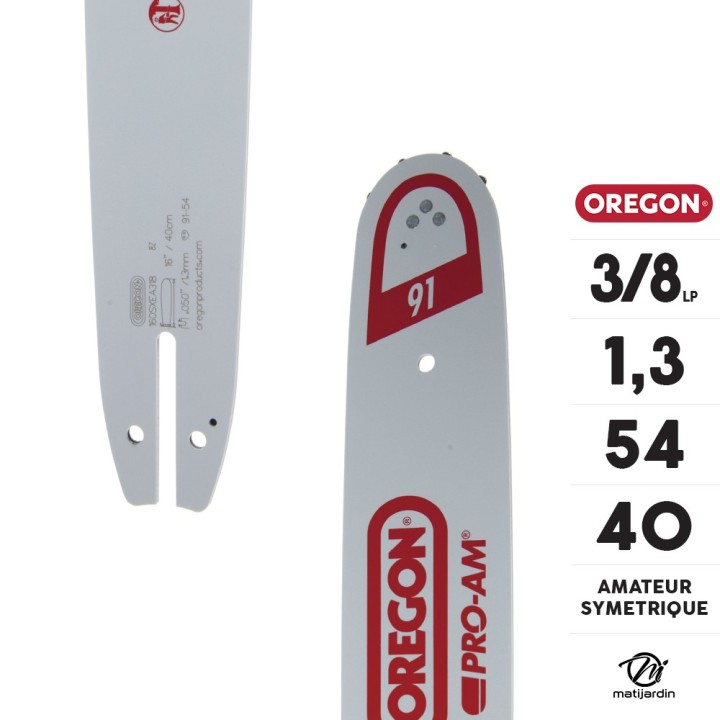 Guide tronçonneuse Oregon 40 cm. 3/8"LP 1,3 mm 54 maillons 160SXEA318 AM Symétrique