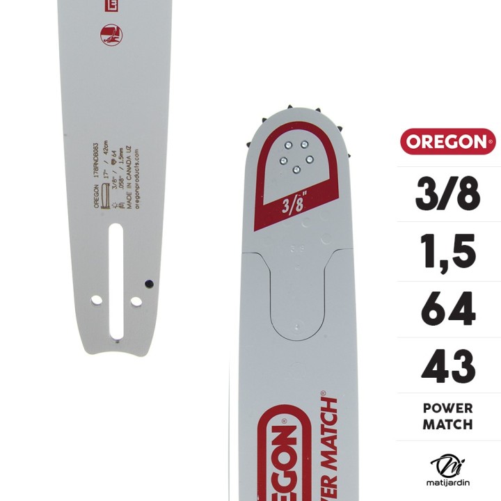 Guide tronçonneuse Oregon 43 cm. 3/8" 1,5 mm 64 maillons 178RNDB083 Power Match