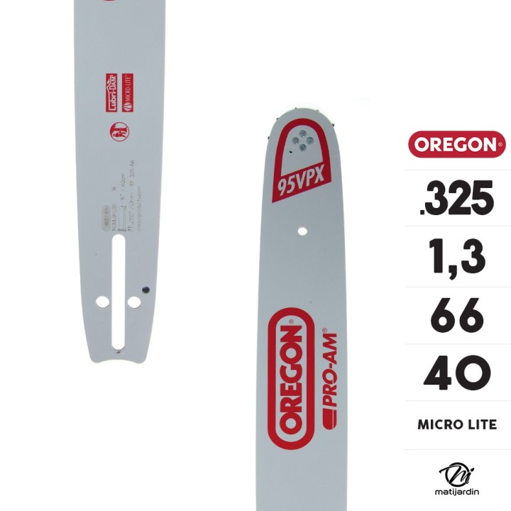 Guide tronçonneuse Oregon 40 cm. .325" 1,3 mm 66 maillons 160MLBK095 Micro Lite