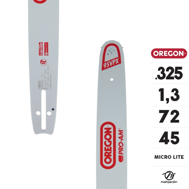 Guide tronçonneuse Oregon 45 cm. .325" 1,3 mm 72 maillons 180MLBK095 Micro Lite