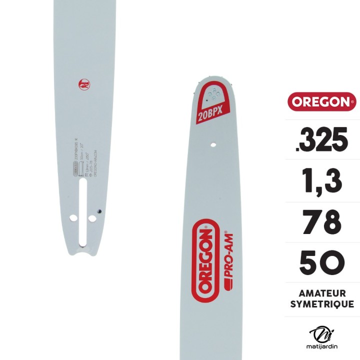 Guide tronçonneuse Oregon 50 cm. .325" 1,3 mm 78 maillons 200PXBK095 Amateur Symétrique