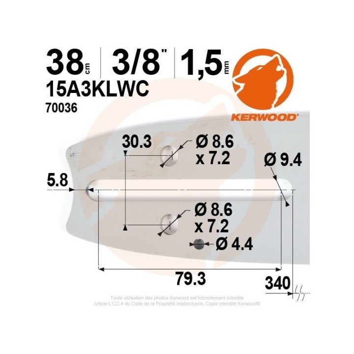 Guide tronçonneuse Kerwood 38 cm 3/8" 1,5 mm. 56 maillons. 15A3KLWC