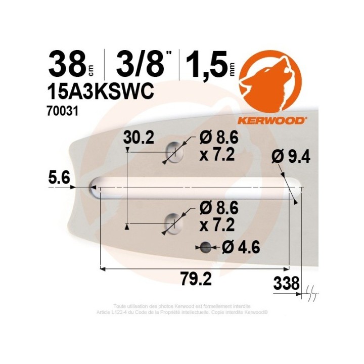 Guide tronçonneuse Kerwood 38 cm 3/8" 1,5 mm. 56 maillons. 15A3KSWC