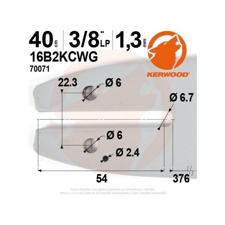 Guide tronçonneuse Kerwood 40 cm 3/8" LP. 1,3 mm. 55 maillons. 16B2KCWG