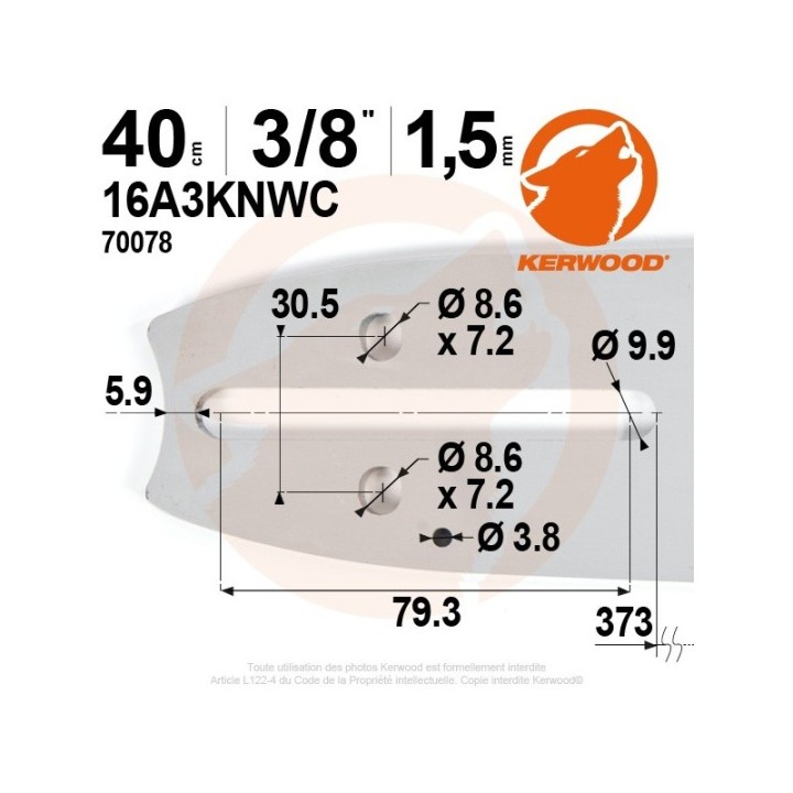 Guide tronçonneuse Kerwood 40 cm 3/8" 1,5 mm. 60 maillons. 16A3KNWC