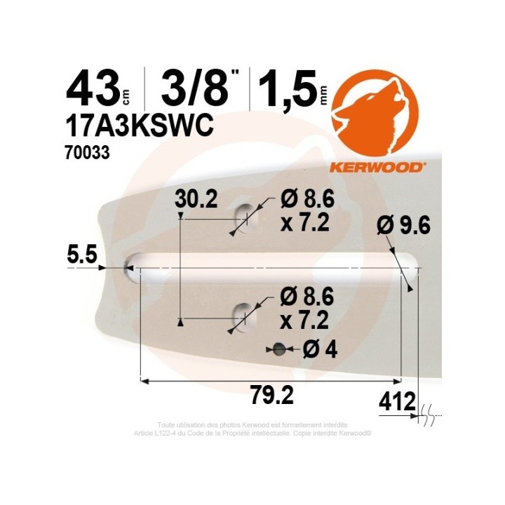 Guide tronçonneuse Kerwood 43 cm 3/8" 1,5 mm. 64 maillons. 17A3KSWC