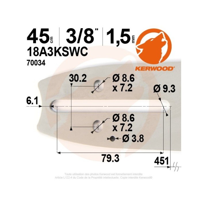Guide tronçonneuse Kerwood 45 cm 3/8" 1,5 mm. 68 maillons. 18A3KSWC