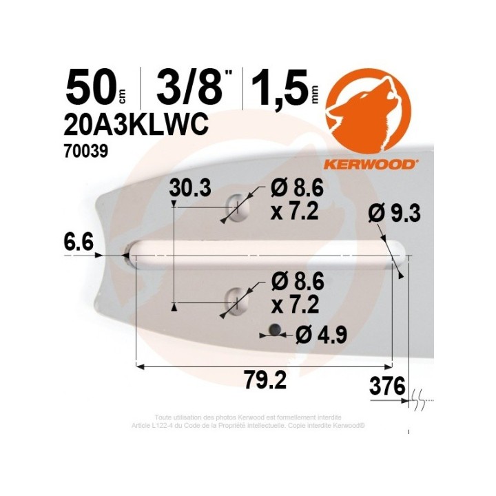 Guide tronçonneuse Kerwood 50 cm 3/8" 1,5 mm. 72 maillons. 20A3KLWC