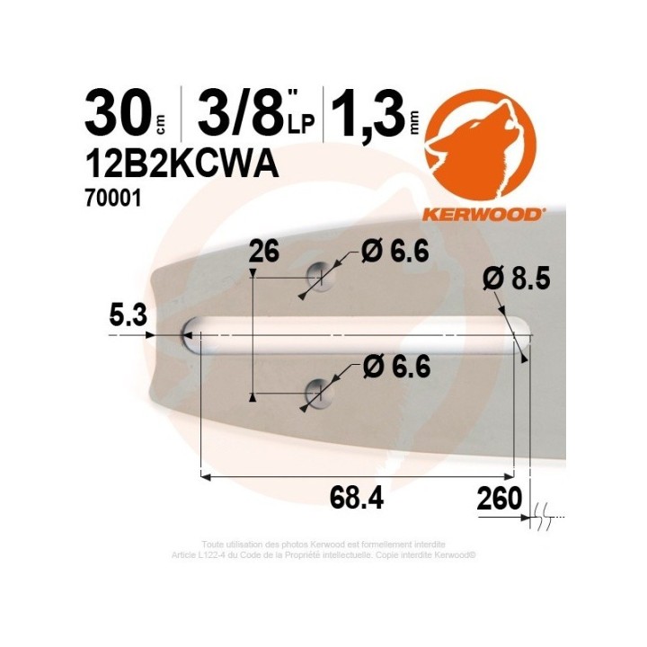 Kit Kerwood guide + chaîne tronçonneuse 30 cm, 3/8"LP 1,3 mm. 45 maillons