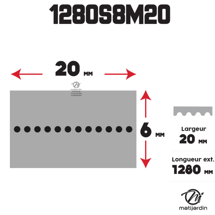 Courroie tondeuse Simple Denture 1280-8M20 - 20 mm x 1280 mm
