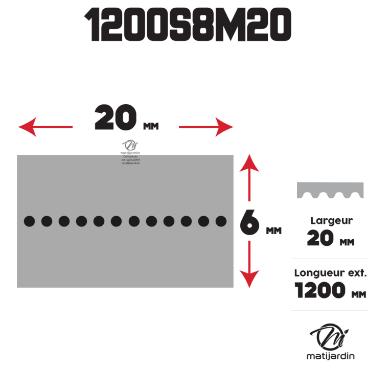 Courroie tondeuse Simple Denture 1200-8M20 - 20 mm x 1200 mm