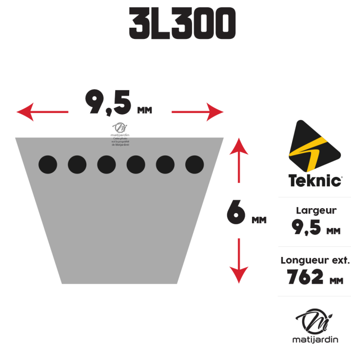 Courroie tondeuse 3L300 Teknic Kevlar Trapézoïdale - 9,5 mm x 762 mm