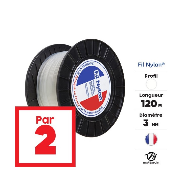 Fil débroussailleuse nylon 3 mm x 120 m. Rond. Blanc. Bobine. Par 2