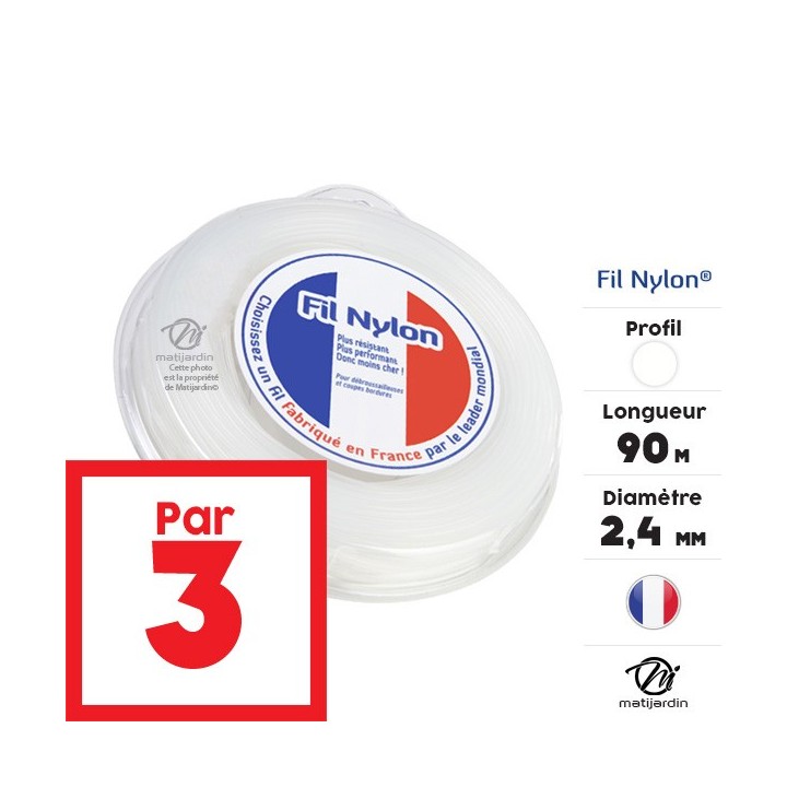Fil débroussailleuse nylon 2,4 mm x 90 m. Rond. Blanc. Blister. Par 3