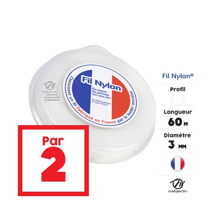 Fil débroussailleuse nylon 3 mm x 60 m. Rond. Blanc. Blister. Par 2