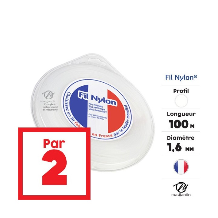 Fil débroussailleuse nylon 1,6 mm x 100 m. Rond. Blanc. Blister. Par 2
