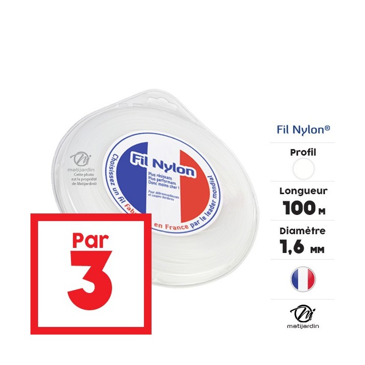 Fil débroussailleuse nylon 1,6 mm x 100 m. Rond. Blanc. Blister. Par 3