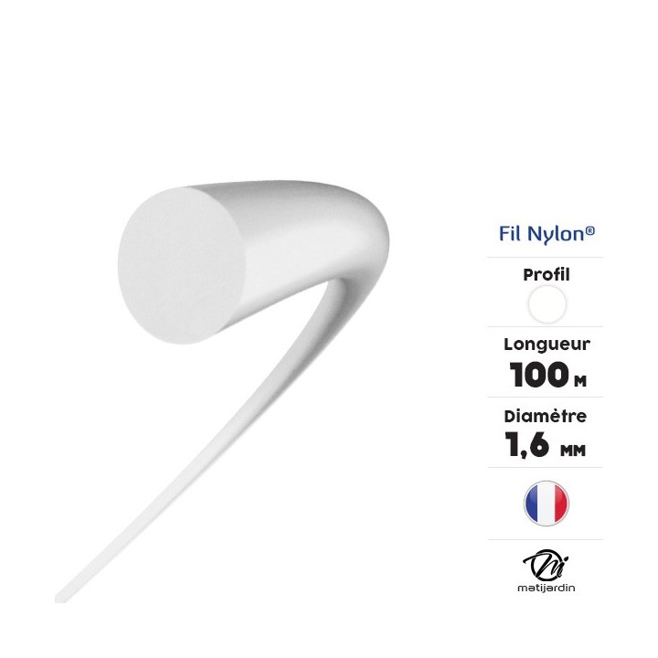 Fil débroussailleuse nylon 1,6 mm x 100 m. Rond. Blanc. Blister. Par 3