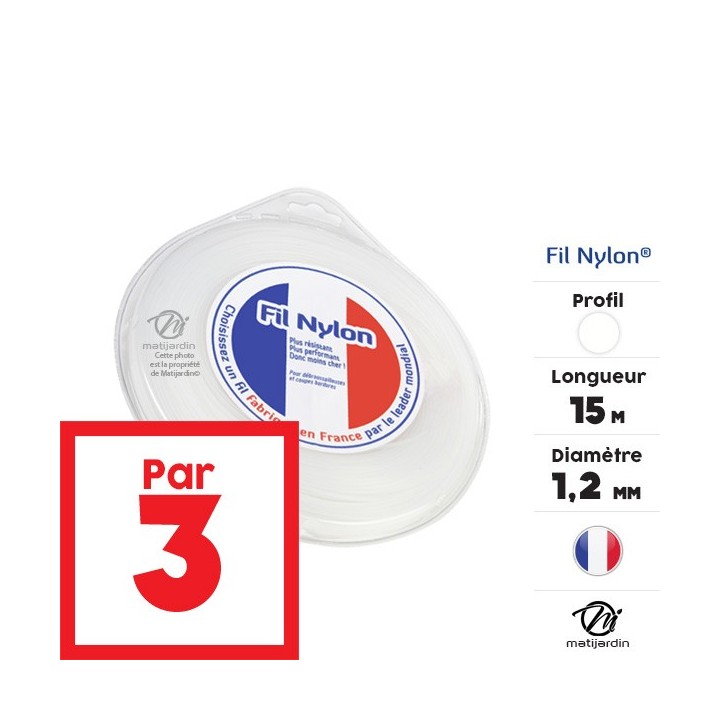 Fil débroussailleuse nylon 1,2 mm x 15 m. Rond. Blanc. Blister. Par 3