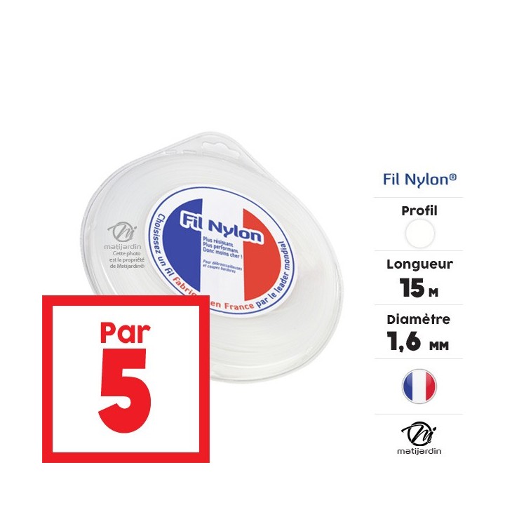 Fil débroussailleuse nylon 1,6 mm x 15 m. Rond. Blanc. Blister. Par 5
