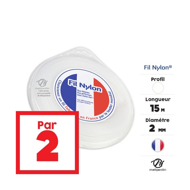 Fil débroussailleuse nylon 2 mm x 15 m. Rond. Blanc. Blister Par 2